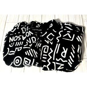 Reason Button Up Shirt Mens Black White Short‎ Sleeve All Over Print MEDIUM